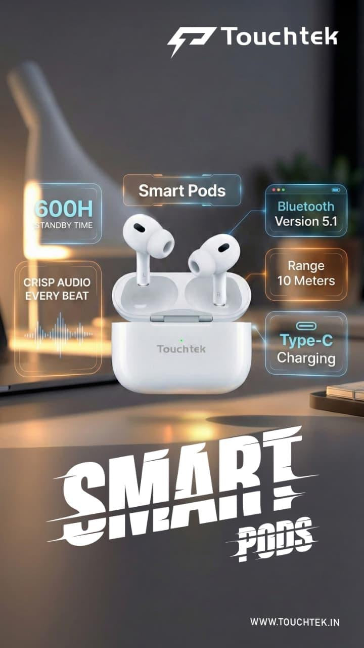 Touchtek Smart Pods Wireless Earbuds | Bluetooth 5.1 | Type-C Charging | 600H Standby