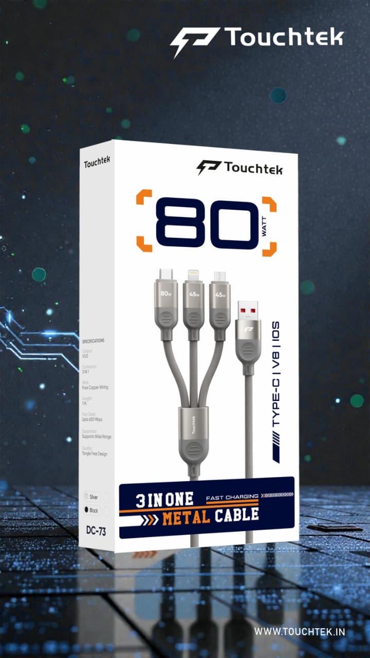 Touchtek 80W 3 in 1 Fast Charging Cable with 1 Year Warranty – Type-C | Micro USB | Lightning – 1M Braided Metal Multi Device Charging Cable
Ek cable – sab devices charge ⚡
80W super fast charging + 1 Year Warranty 💯