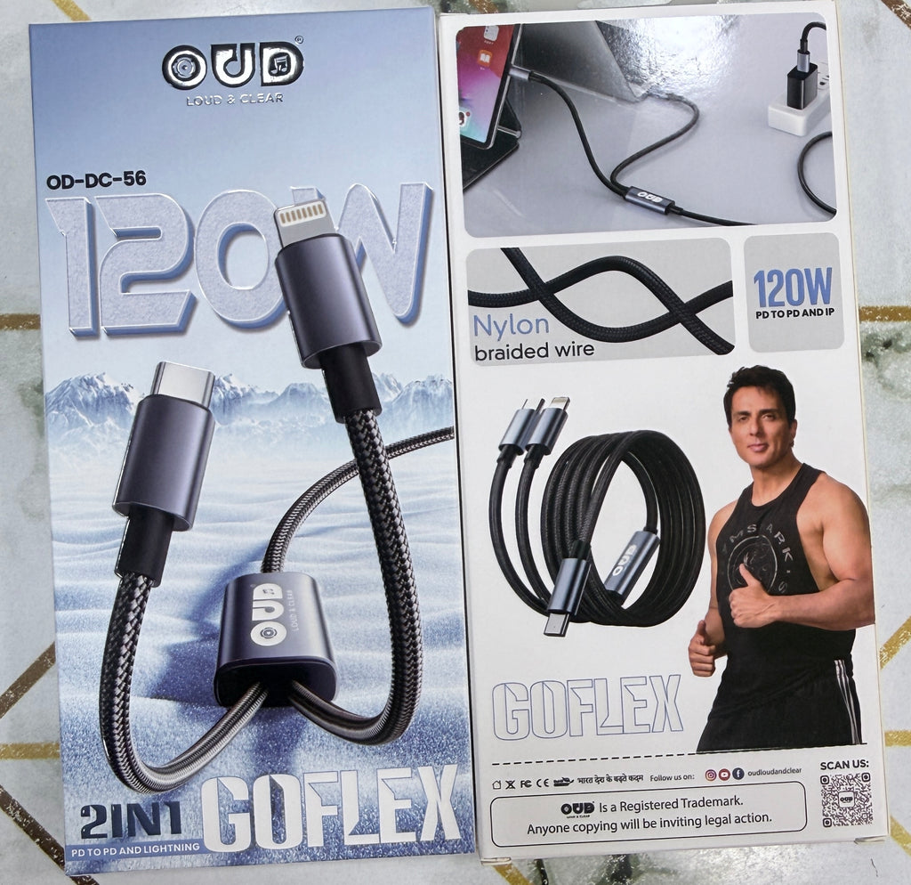 OUD GOFLEX 2-in-1 120W PD Fast Charging Cable (Type-C to Type-C + Lightning) Nylon Braided